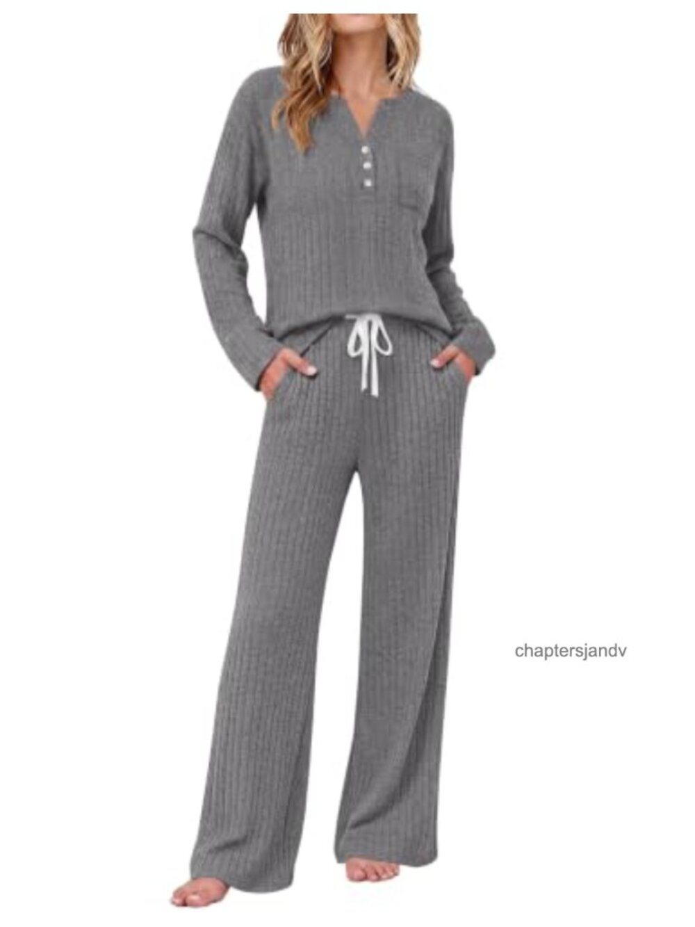 Women's 2 Piece Lounge Set Long Sleeve Ribbed Knit Henley Pajama Set